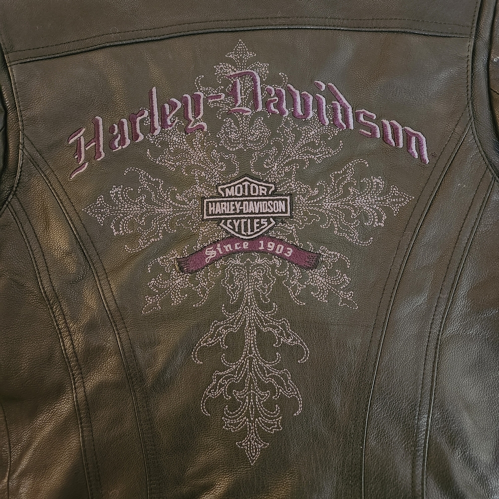 Harley-Davidson Women's Black Leather Motorcycle Zip Jacket Purple Embroidery Xs - Picture 9 of 12